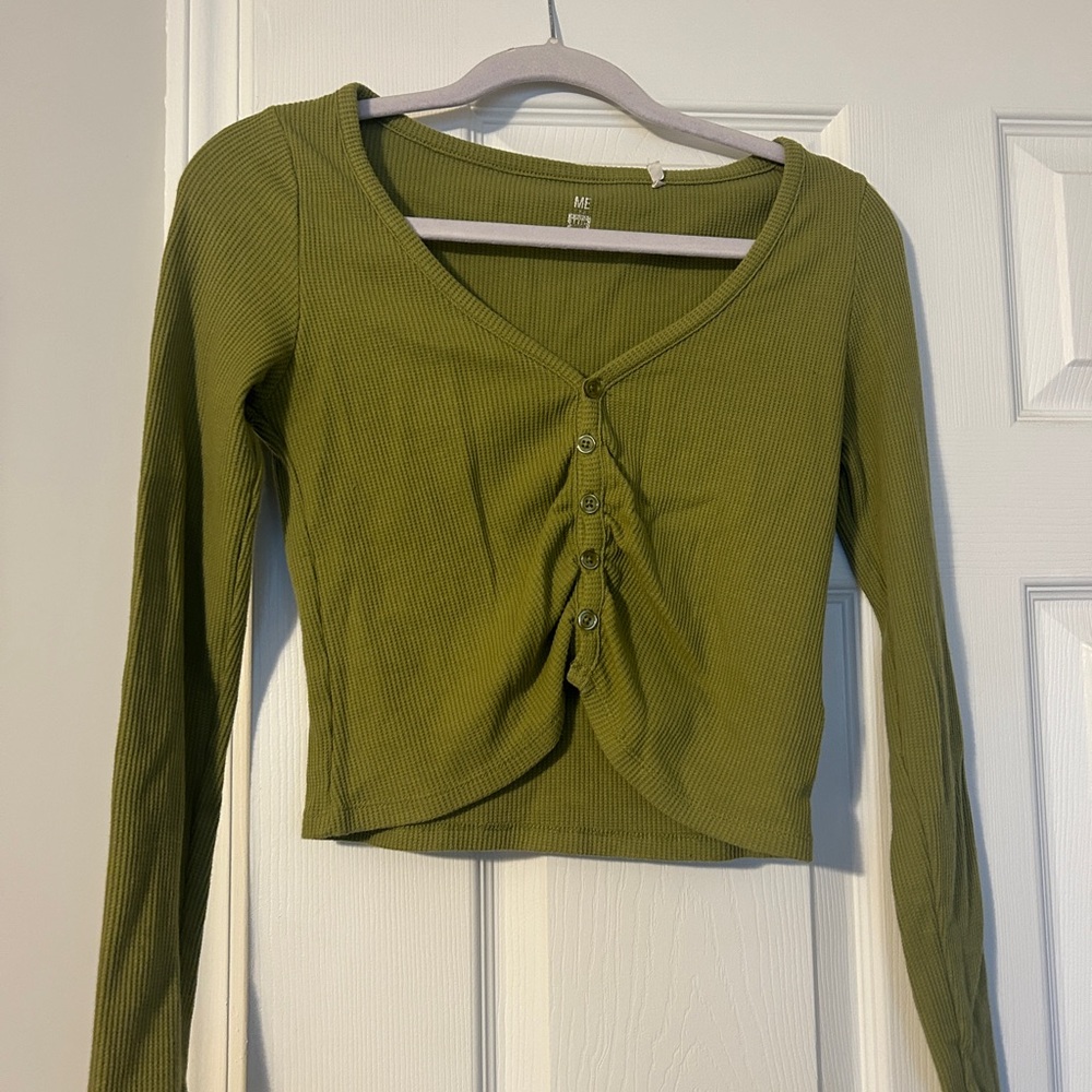 Olive Green Long Sleeve Crop Ribbed Buttoned Blouse